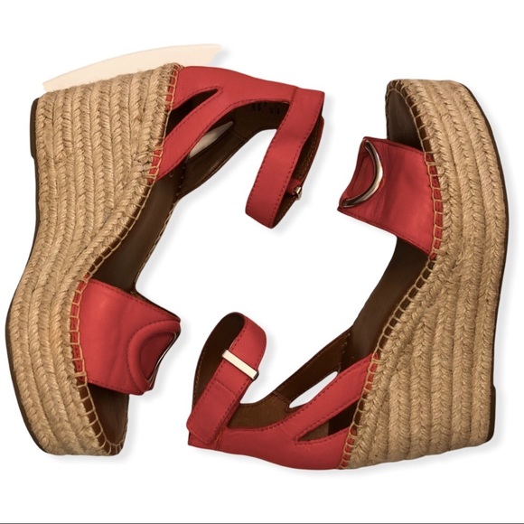 👡 Coral Red Leather Espadrilles Wedge Heels Silver Accents FRANCO SARTO - Picture 12 of 16